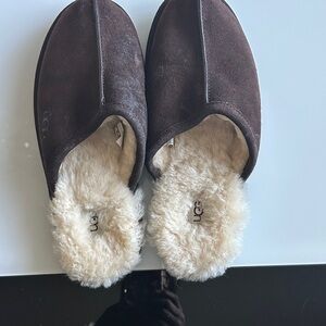 UGG Chocolate Suede Slippers with Cream Fur